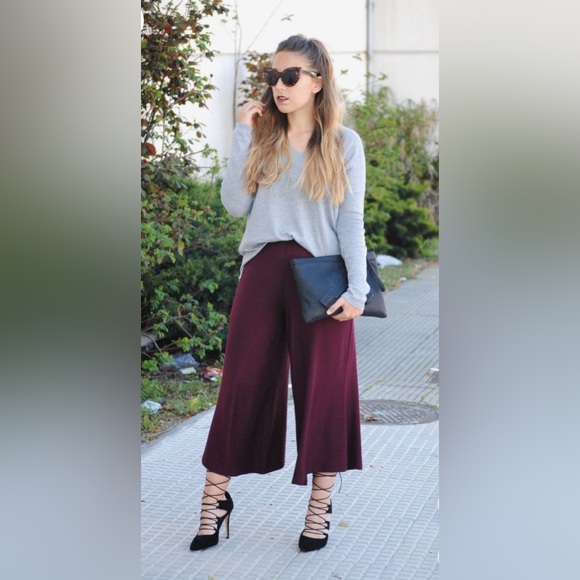 ZARA  Floral Lace Culottes Trousers Pants High Waist Cropped Maroon Burgundy - Picture 13 of 13